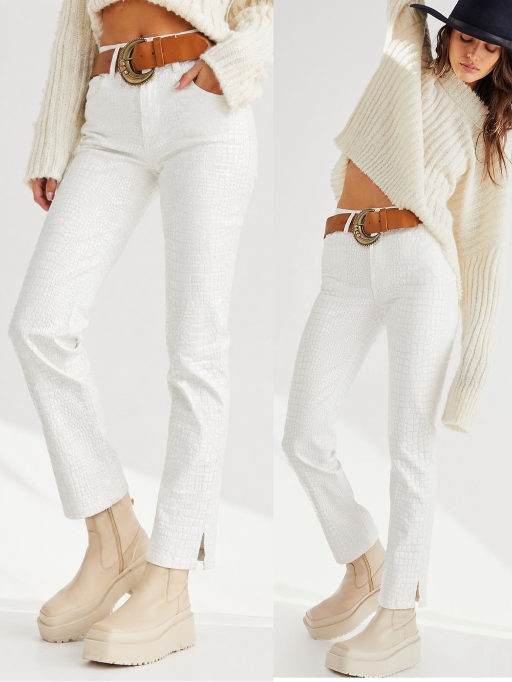 Free People Lydia Embossed Slim Straight Leg Jeans Mother Pearl Croc 30 NWT